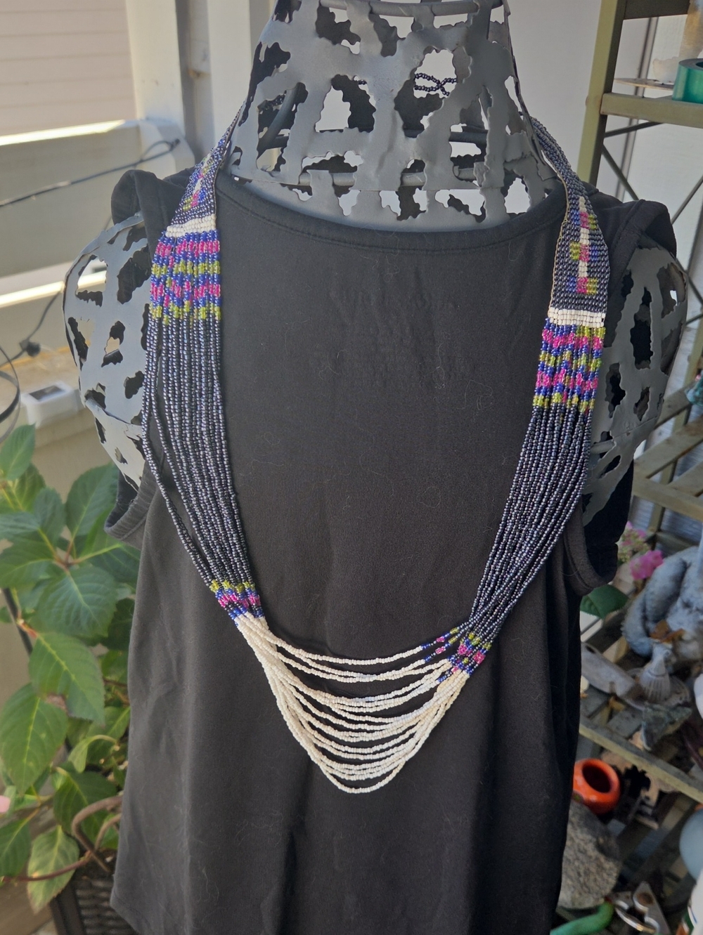 Handcrafted Multi-Strand Beaded Necklace in Black, White & Multicolor